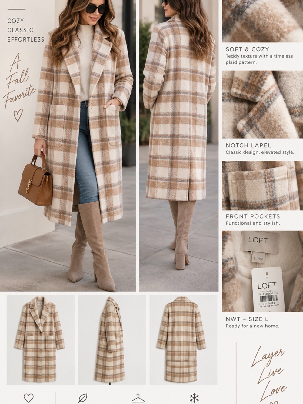 LOFT Plaid Teddy Coat in Cream and Tan